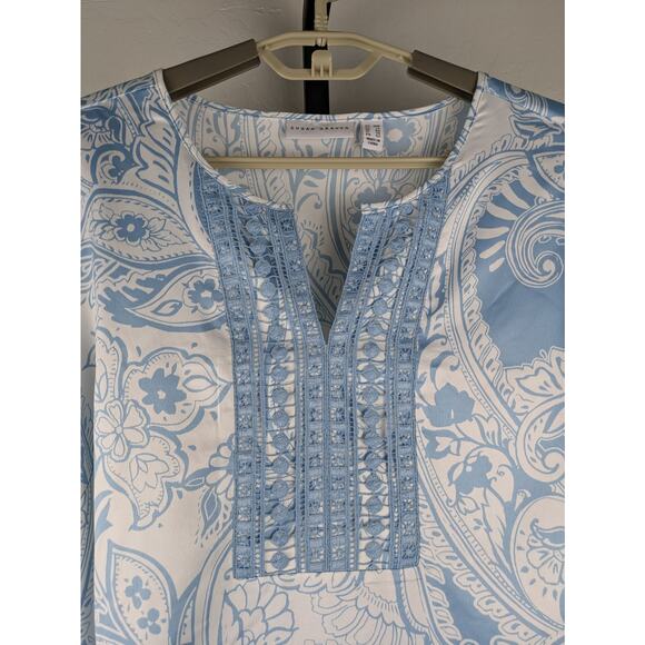 Susan Graver Tunic Top Blue Paisley Print Blouse Bell Sleeves Silky Satin - Picture 4 of 6